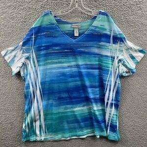 Catherines Womens 3X Flowy Relaxed Abstract Stripe Rhinestone V Neck Top Coastal